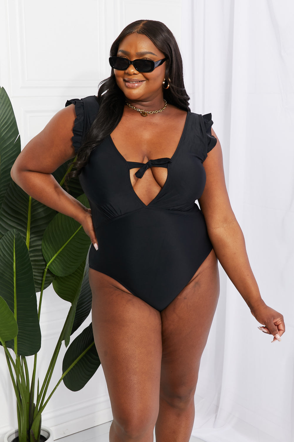 Marina West Swim Seashell Ruffle Sleeve One-Piece in Black - Opal Chic Boutique