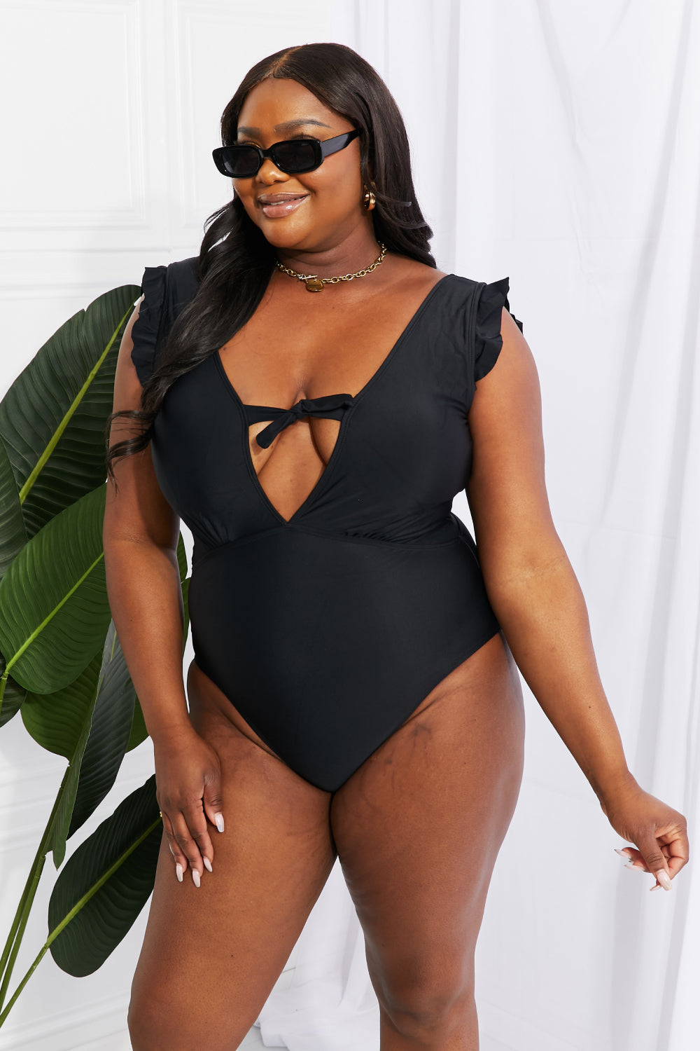 Marina West Swim Seashell Ruffle Sleeve One-Piece in Black - Opal Chic Boutique