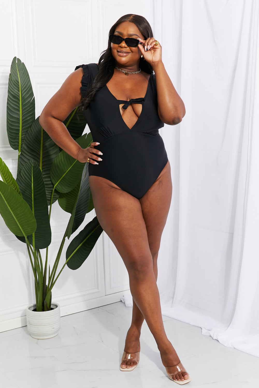 Marina West Swim Seashell Ruffle Sleeve One-Piece in Black - Opal Chic Boutique