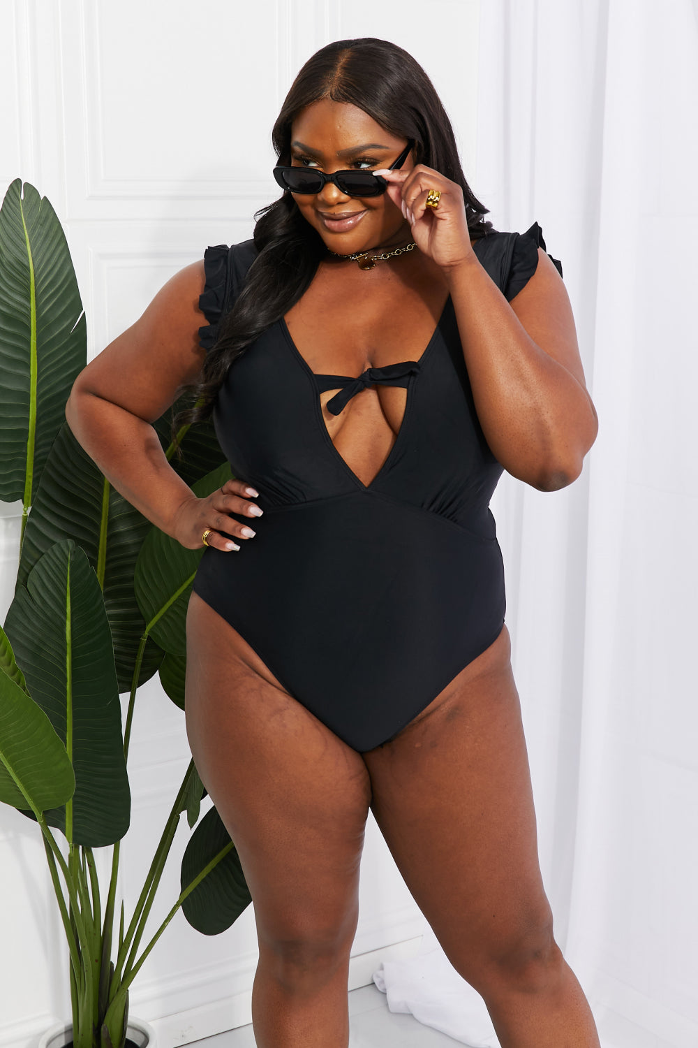 Marina West Swim Seashell Ruffle Sleeve One-Piece in Black - Opal Chic Boutique