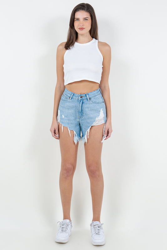 Fringed High Waist Denim Shorts