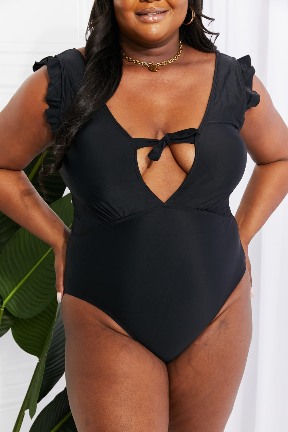 Marina West Swim Seashell Ruffle Sleeve One-Piece in Black - Opal Chic Boutique