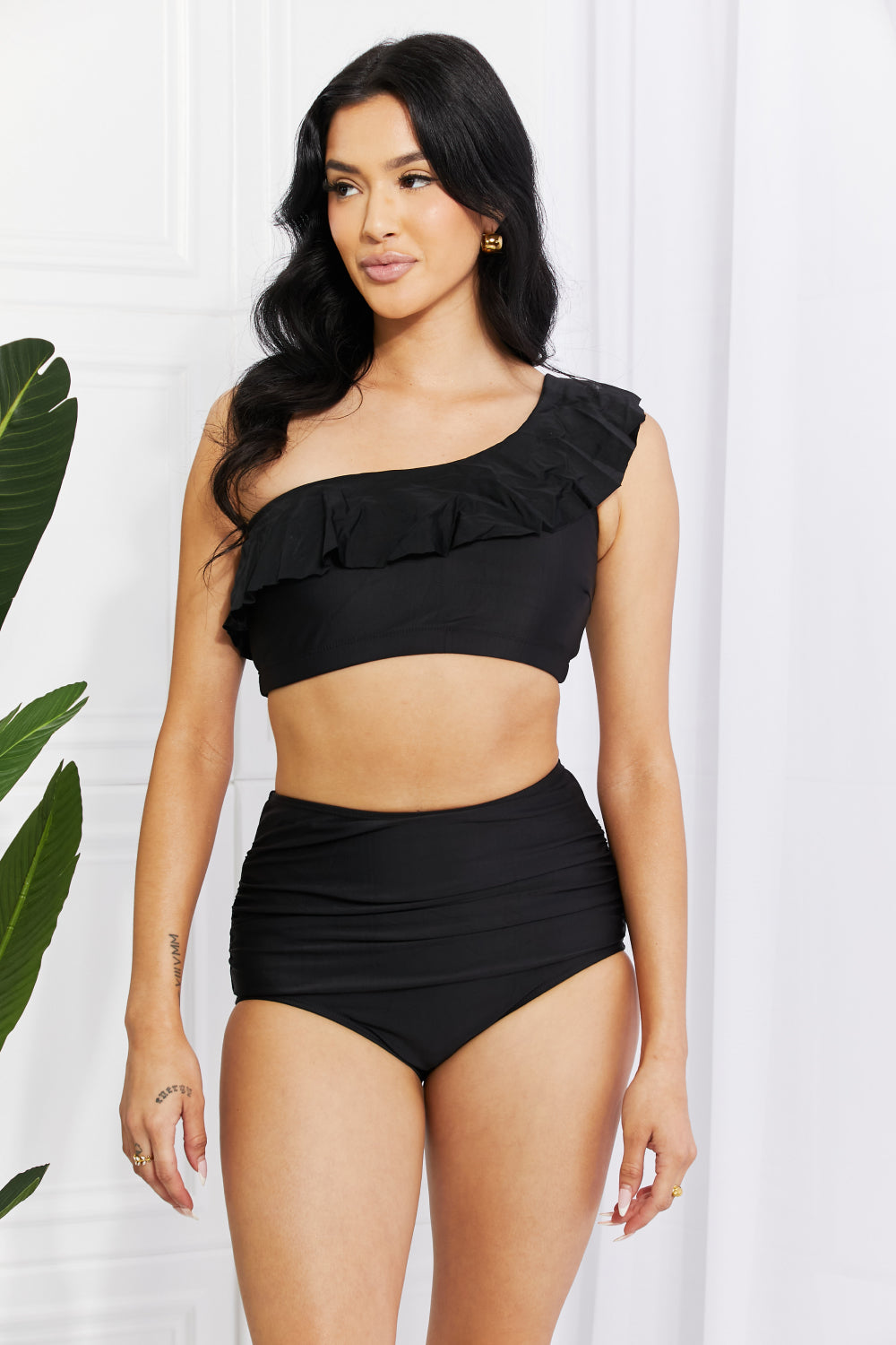 Marina West Swim Seaside Romance Ruffle One-Shoulder Bikini in Black - Opal Chic Boutique