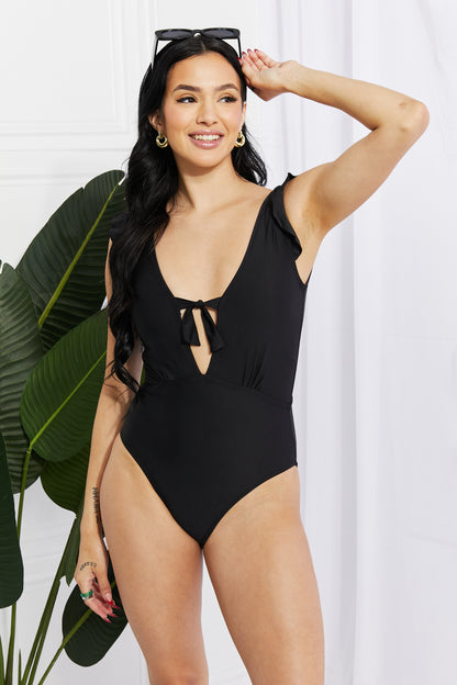 Marina West Swim Seashell Ruffle Sleeve One-Piece in Black - Opal Chic Boutique