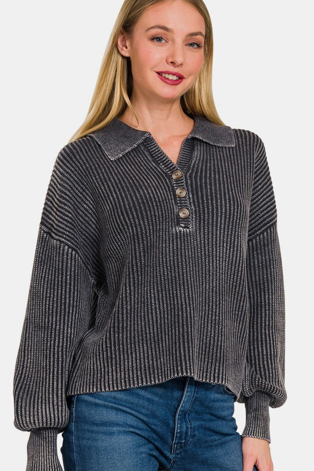 Washed-Out Button Sweater - Opal Chic Boutique